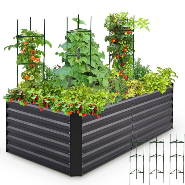 Quictent Galvanized Raised Garden Bed 6x3x2 Ft Metal Planter Box Bottomless for Backyard Outdoor, Include 3 pcs Tomato Cages 1 pc Weed Barrier (Dark Gray)