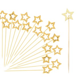 50PCS Christmas Cocktail Sticks,Gold Star Bamboo Fruit Skewers Sticks,Christmas Fancy Wooden Toothpicks Cocktail Accessories,Star Food Picks Decorative for Party Desserts Fruits Sandwich Drinks