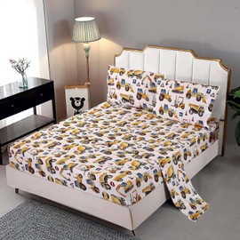 SDY Kid's Sheets Sets&Pillowcases 4PCS Car Bedding Sheets Full Size Excavator Print Sheet Set Included 1 Fitted Sheet with 14'' Deep Pocket + 1 Top Flat Sheet + 2 Pillowcases for Teens