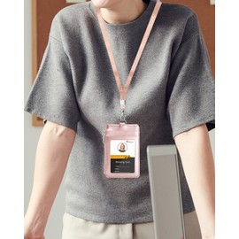 Teskyer Card Holder, Name Holder, Five Pockets, PU Leather, Coin Purse, Coin Case, Zipper, Neck Strap, ID Card Holder, Pass Case, Employee ID Card Holder, Commuter Holder, Vertical (Rose Gold)