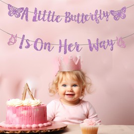 Pre-Strung A Little Butterfly Is On Her Way Banner, Purple Glitter Butterfly Themed Baby Shower Party Decorations Supplies