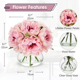 Hollyone Light Pink Peonies Artificial Flowers with Vase Faux Flowers Peony Fake Flowers Silk Flower Arrangements in Glass Vase with Faux Water for Bathroom Table Centerpiece Shelf Home Decor