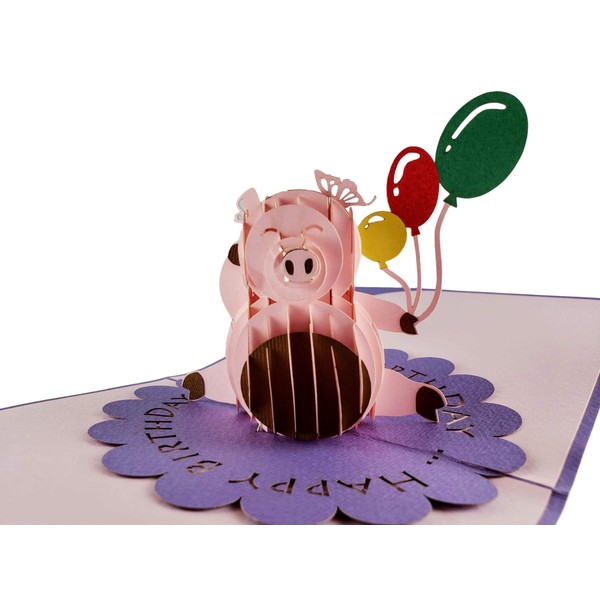 iGifts And Cards Cute Happy Pig Balloons Birthday 3D Pop Up Greeting Card - Awesome, Fun, Cool, Best Wishes, Unique, Funny, Celebration, Son, Daughter, Best Friend, BFF, Congratulations, Wow