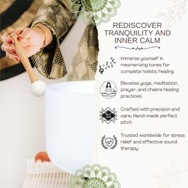 SOUNDELLO 6 inch White B Note Crown Chakra Quartz Crystal Singing Bowl, for Healing Mindfulness Meditation Yoga Sound Baths, with Rubber Mallet O-ring