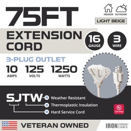 Iron Forge Cable Weatherproof 75 Ft Outdoor Extension Cord with 3 Outlets - 16/3 SJTW Heavy Duty Beige Extension Cord 3 Prong - 10 Amp Power Cable