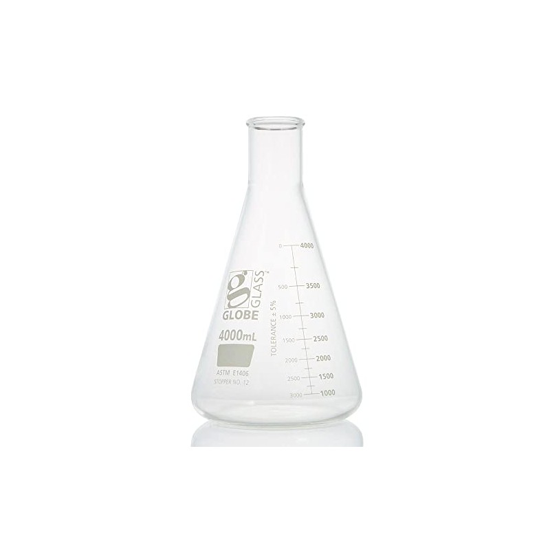 Globe Glass, Erlenmeyer Flask, 4000mL, Heavy Duty, Narrow Mouth, Dual