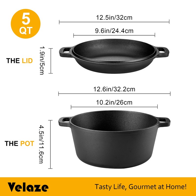 Velaze Cast Iron Dutch Oven Pot with Skillet Lid, 2-in-1