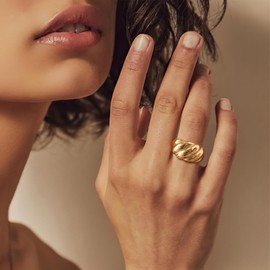 Chunky Gold Rings for Women - 14K Gold Plated Stackable Ring Band,Hypoallergenic Stainless Steel Non Tarnish Gold Finger Ring,Trendy Gold Statement Ring Jewelry,Christmas Birthday Gifts for Her