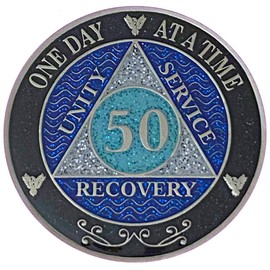 (Years 1-50) 50 Year AA Recovery Silver Color Plated Glitter Medallion, Black Rainbow, Blue, Silver Glitter Coin, Epoxy Covered (AA 50 Year Glitter Medallion)