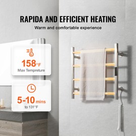 Happybuy 4 Bars Towel Warmer Rack, Wall-Mounted Heated Towel Rack, IPX5 Waterproof, Timer & LED Display, 5-Level Temperature Adjustable, Bathroom, 220V, Stainless Steel, Silver