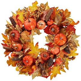 Sggvecsy Artificial Fall Wreath 18’’ Autumn Front Door Wreath Harvest Wreath with Various Pumpkin Cluster of Berries Maple Leaves Pine Cones for Outside Indoor Wall Thanksgiving Fall Autumn Decor