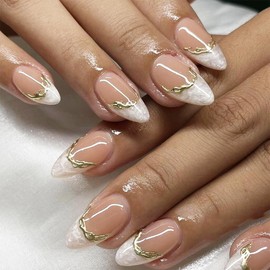 White French Tip Press on Nails Short Almond Fake Nail Gold Line False Nails with Metallic Designs Full Cover Nude Pink Stick on Nails Reusable Glossy Acrylic Nails for Women Manicure Decorations