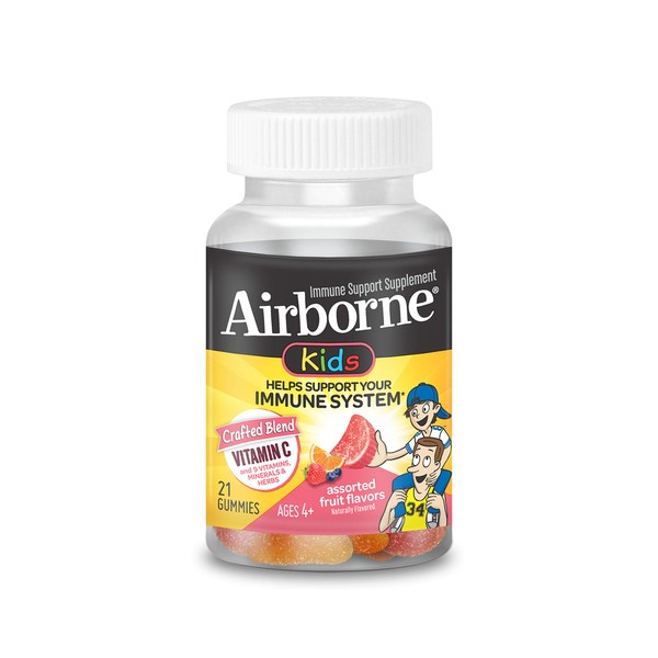Airborne Vitamin C 500mg - Airborne Kids Assorted Fruit Flavored Gummies (21 count in a bottle), Gluten-Free Immune Support Supplement with Echinacea and Ginger, Packaging May Vary