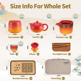 LURRIER Gongfu tea sets, Portable Ceramic TeaSet, Asian Tea sets for adult, Tea Gift sets, Grey leather case, Portable Travel Bag,Home,Gifting,Outdoor and Office(XRed and Orange)