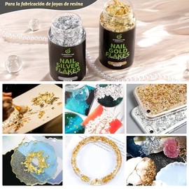 CHERIMOYA Kit de Deco Uñas con Hoja de Oro y Plata, Flakes Nail Art de Alta Calidad, 2 Frascos de Escamas Metálicas para Decoración de Uñas de Gel y A