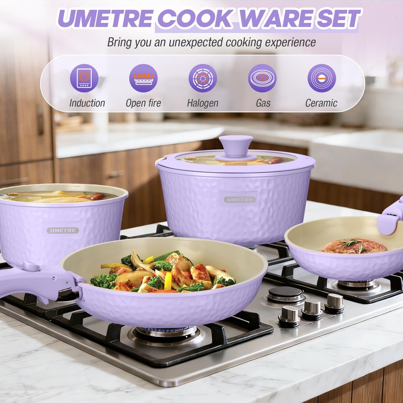 UMETRE pots and Pans Set, Ceramic Nonstick Cookware Set Detachable