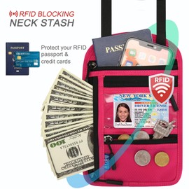 RFID Blocking Travel Wallet for Women & Men, Passport Cover, Anti-Theft, Slim Neck Pouch, Hot Pink