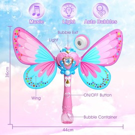 SUHOMMY Máquina de Burbujas, Soplador de Burbujas con Forma de Mariposa y Varita Mágica, Fabricante Automático de Burbujas con Luces y Música para Interiores y Exteriores