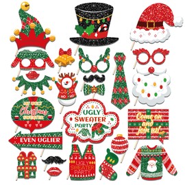 25 PCS Ugly Christmas Sweater Photo Booth Props with Stick, Ugly Christmas Sweater Selfie Props Tacky Christmas Sweater Party Decorations Christmas Photo Booth Props for Xmas Winter Party Supplies