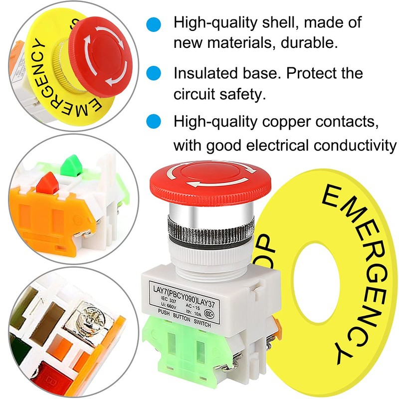 DKARDU 4PCS Emergency Stop Push Button Switch Latching 22mm Mounting