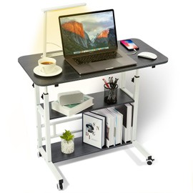 BYMECOST Adjustable Height Student Computer Desk with Foldable LED Desk Lamp, Mobile Laptop Table for Home Office, 31.5" Small Spaces Standing Desk on Wheels with Storage for Bedside Sofa