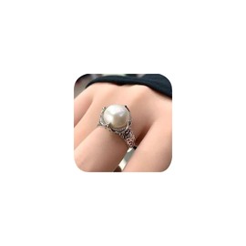 Classic Vintage Pearl Ring for Women Engraved Openwork 15mm Simulated White Pearl 925 Silver Solitaire Engagement Promise Open Cocktail Wedding Crown Ring