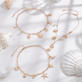 UNICRAFTALE 3Pcs 3 Styles Shell Conch Turtle Starfish Necklace Charm Necklace for Women Light Gold Summer Beach Necklaces Ocean Theme Paperclip Chain Fashion Simple Jewelry Gifts for Women