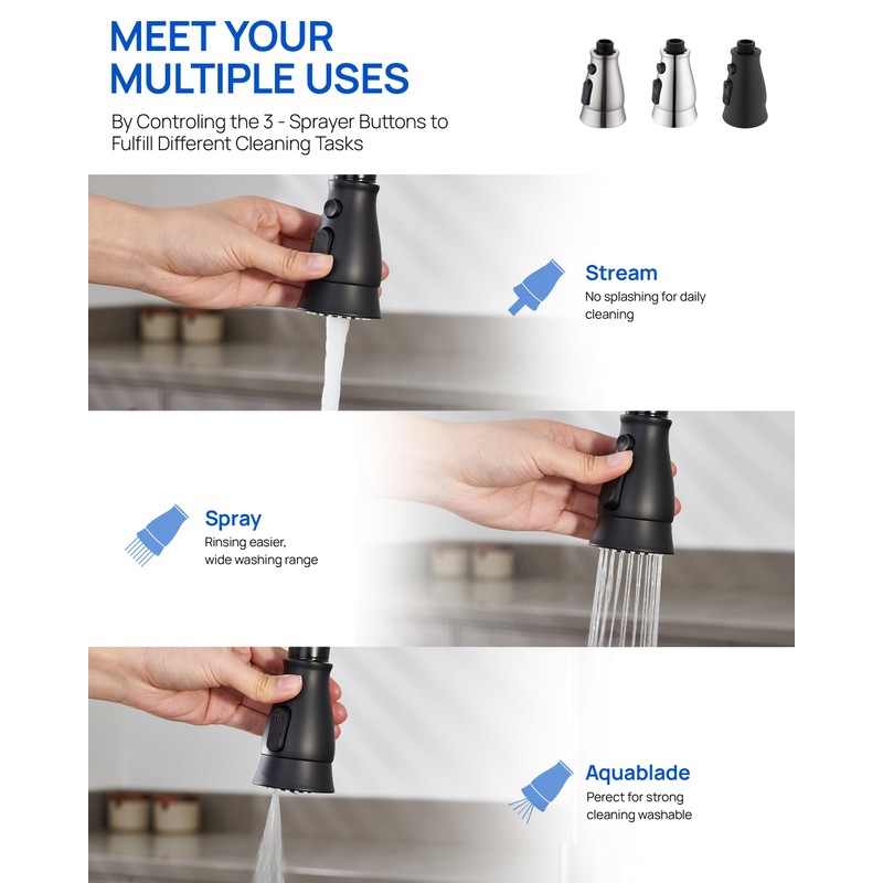 Pull Down Spray Head Replacement for Kitchen Faucet, 3 Modes
