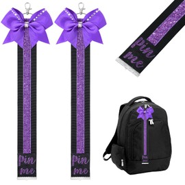 DEEKA 2 PCS Cheer Pin Strap Pin Me Ribbon for Backpack Glitter Cheerleader Keychain Cheer Gifts Cheer Bow Pin Holder Bag Tag Cheer Clothes Pin Charms -Black/Glitter Purple, 14 Inch