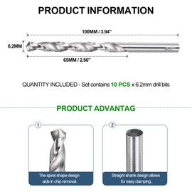 METALLIXITY Drill Bit (6.2mm) 10Pcs, 4241 High-Speed Steel Straight Shank 118° Uncoated Bright Finish Drill Bit for Wood Plastic Iron Copper Aluminum Low Soft Metal