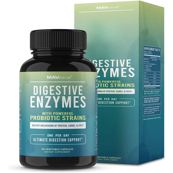 MAV Nutrition Digestive Enzymes & Probiotic Supplement | Enzymes for Digestion Aid, Bloating, IBS, Constipation and Gas Relief | 60 Premium Enzymes Blend Capsules