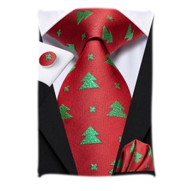 Hi-Tie Men's Christmas Tie Set Tie Pocket Square Cufflinks Set Match Reindeer Snowflake Xmas Tree Pattern for Wedding Prom, red green christmas tree