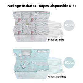 WYSL Baby Disposable Bibs 100 pcs -Self feeding Food Crumb Catcher, Leakproof Liner Large Travel Bib for Babies Toddlers 6-18 Months(Dinosaur+Fish)