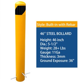 BIGalleons 46 inch High Pour in Place Steel Bollard Post, 5-1/2" OD Safety Bollard Yellow Powder Coat, Metal Bollard Parking Barrier