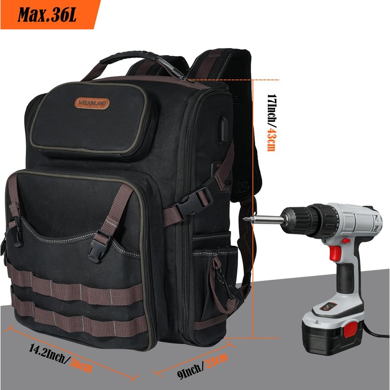 WELKINLAND 46-Pockets Electrician Backpack, Full-Open Tool Backpacks, Heavy Duty Tools