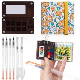 Qilery Mini Portable Watercolor Palette Set Wooden Grid Paint Box, Watercolor Paper Pad Watercolor Sketch Book Watercolor Brush Pens with Binder Clips for Painters Artists Students (Sunflower)