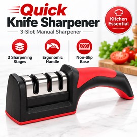 Red Carbon Steel Quick Knife Sharpener with Non-Slip Base for Kitchen, Chef, Camping and Outdoor Knives