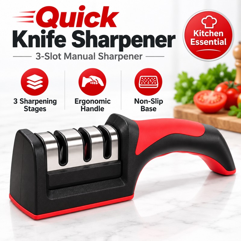 Red Carbon Steel Quick Knife Sharpener with Non-Slip Base for