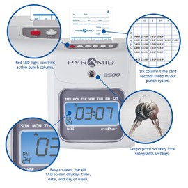 Pyramid Time Systems - Model 2500 Auto Aligning and Top Loading Time Clock [2500K1] Bundle Includes: Time Clock, 100 Time Cards, 2 Ink Ribbon cartridges, one 10 slot time card rack and 2 Security Keys