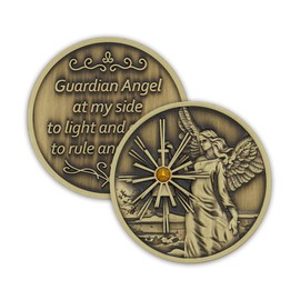 Bronze Guardian Angel Coin Affirmation Gift Token Medallion with Topaz Crystal Gemstone and Angel Prayer on Back