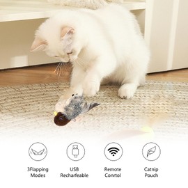 Cat Toys Rechargeable Flapping Bird Sparrow Catnip Toys, Interactive Cat Toy with Squeak, Touch Activated Lifelike Bird Cat Toy for Cat Kitten Exercise (Bird with Remote Control)