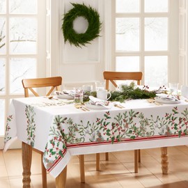Winter Holiday Berry Christmas Fabric Tablecloth, Multi, 60"x102"