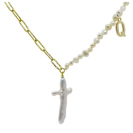 Cross Pendant Freshwater Pearls Alphabet Necklace Sterling Silver 18K Gold Plated Nail Hammered Textured Hypoallergenic (Alphabet-Q)