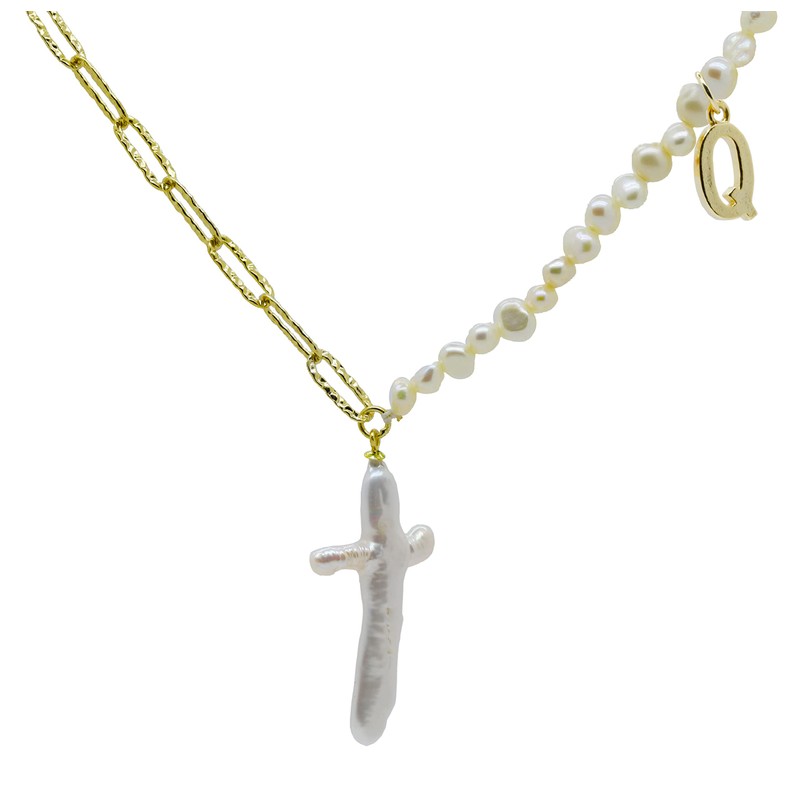 Cross Pendant Freshwater Pearls Alphabet Necklace Sterling Silver 18K Gold