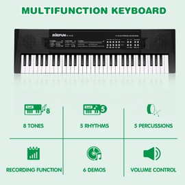 M SANMERSEN Kids Music Keyboard, 61-Key Portable Electronic Piano Toy with Microphone, Teaching Tool for Beginners, Ages 3-12, Black