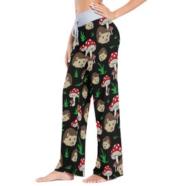 XUWU Hedgehogs And Mushrooms Print Women Pajama Pants Sleepwear Comfy Casual Palazzo Lounge Pants Wide Leg M