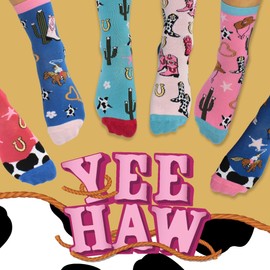 United Oddsocks Yee Haw Kids Geschenkbox - 6 Mismatched Cowgirl Socken - Stiefel, Kakteen & Pferde - 15 Combos - UK 12-5.5 US 13.5-8 EU 30.5-38.5 - Western Style Bunte Baumwolle Rich Socken für