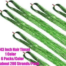 6 Packs 43 Inch Hair Tinsel Extensions with Tools Kit 1200 Strands Tinsel Hair Extensions for Women Girls Heat Resistant Sparkling Shiny Glitter Hair Pieces for Christmas Cosplay Party (43 inch,green)