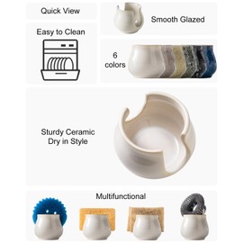 Zoeeker Sponge Holder for Kitchen Sink Counter, Ceramic Dish Sponge Caddy White Sink Organizer Farmhouse Brush Holder for Bathroom, Kitchen, White