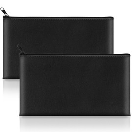 2 Pack Money Bags with Zipper, 11x6.1 Inch PU Leather Cash Pouch, Secure Bank Bag for Coins, Bills, Checks, Invoices, Cosmetics, Tools (Black)
